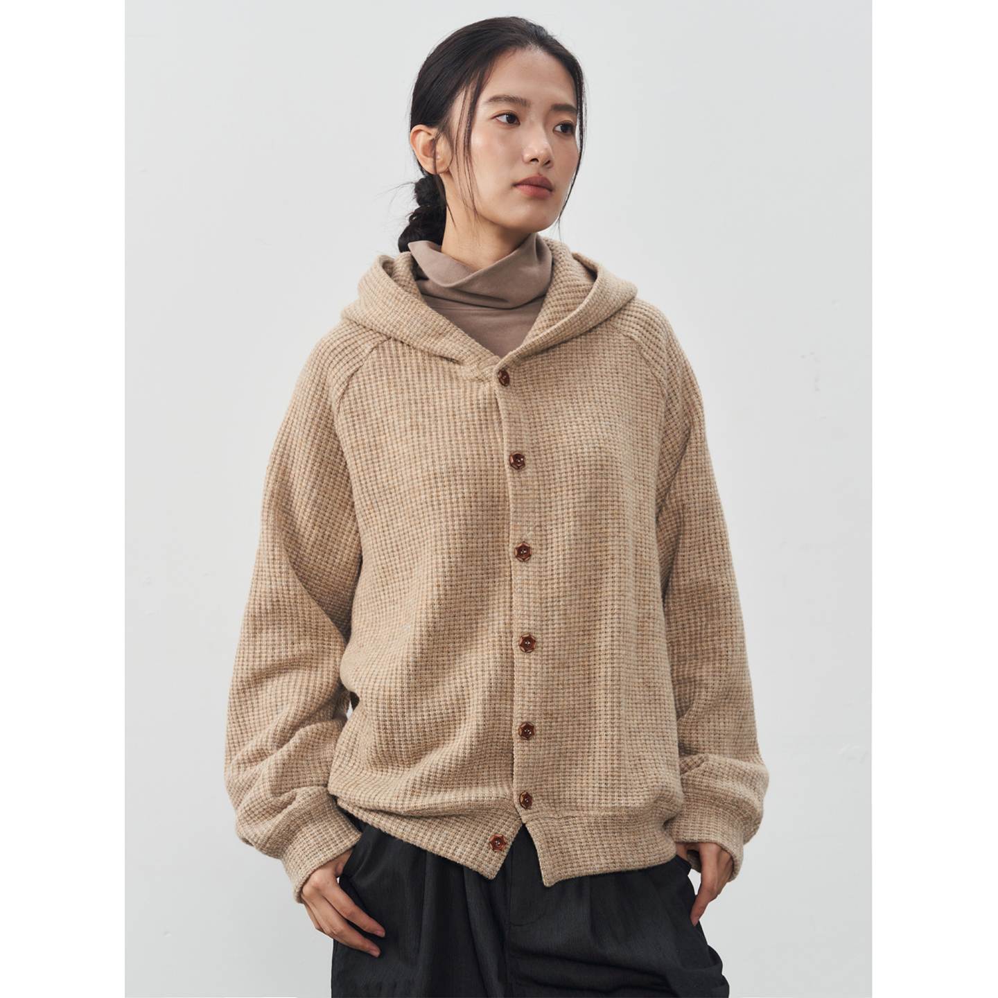 11st crops*waffle hoodie 华夫格肌理纽扣装饰松弛开衫卫衣