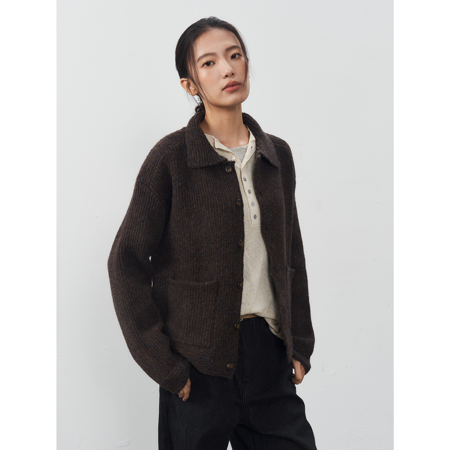 11St Crops “老钱”彩纱羊毛混织垂坠慵懒廓形针织毛衣开衫外套