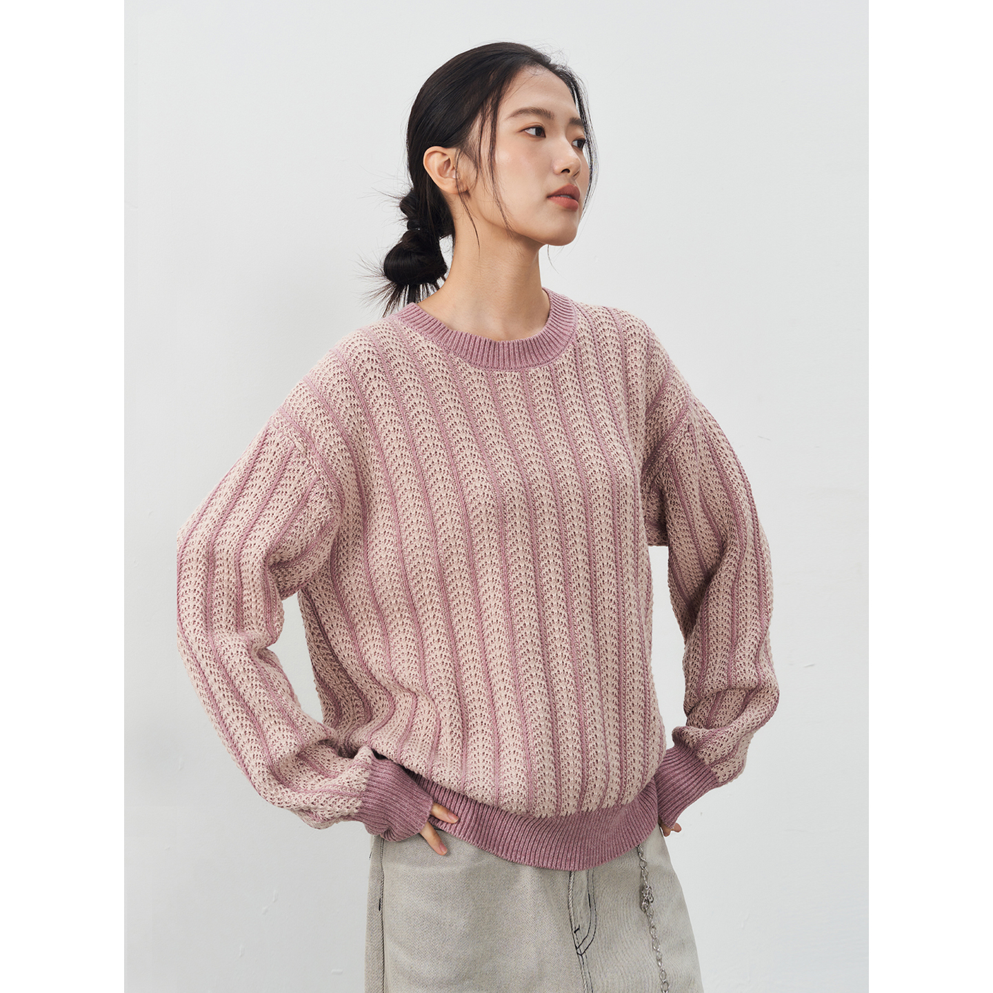 11st crops*mi zi sweater 特殊提花肌理米紫拼色竖纹条纹毛衣