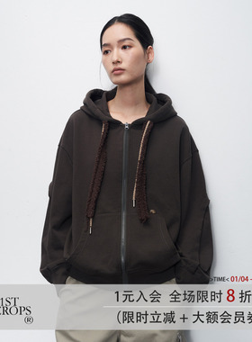 11st crops*fringed hoodie 多帽绳水洗毛边结构开衫卫衣外套