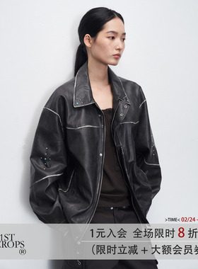 11st crops*leather jacket 水洗擦色结构复古铆钉皮衣夹克外套