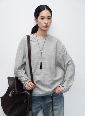 11st crops*texture rivet 条纹肌理铆钉手套袖毛边长袖T恤卫衣