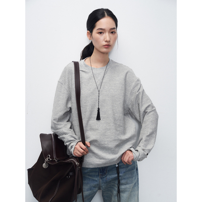 11st crops*texture rivet 条纹肌理铆钉手套袖毛边长袖T恤卫衣