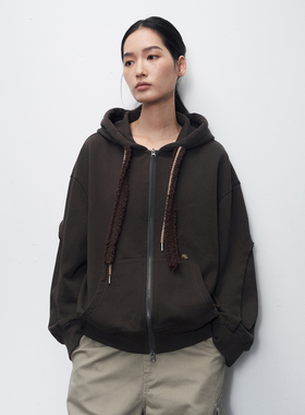11st crops*fringed hoodie 多帽绳水洗毛边结构开衫卫衣外套