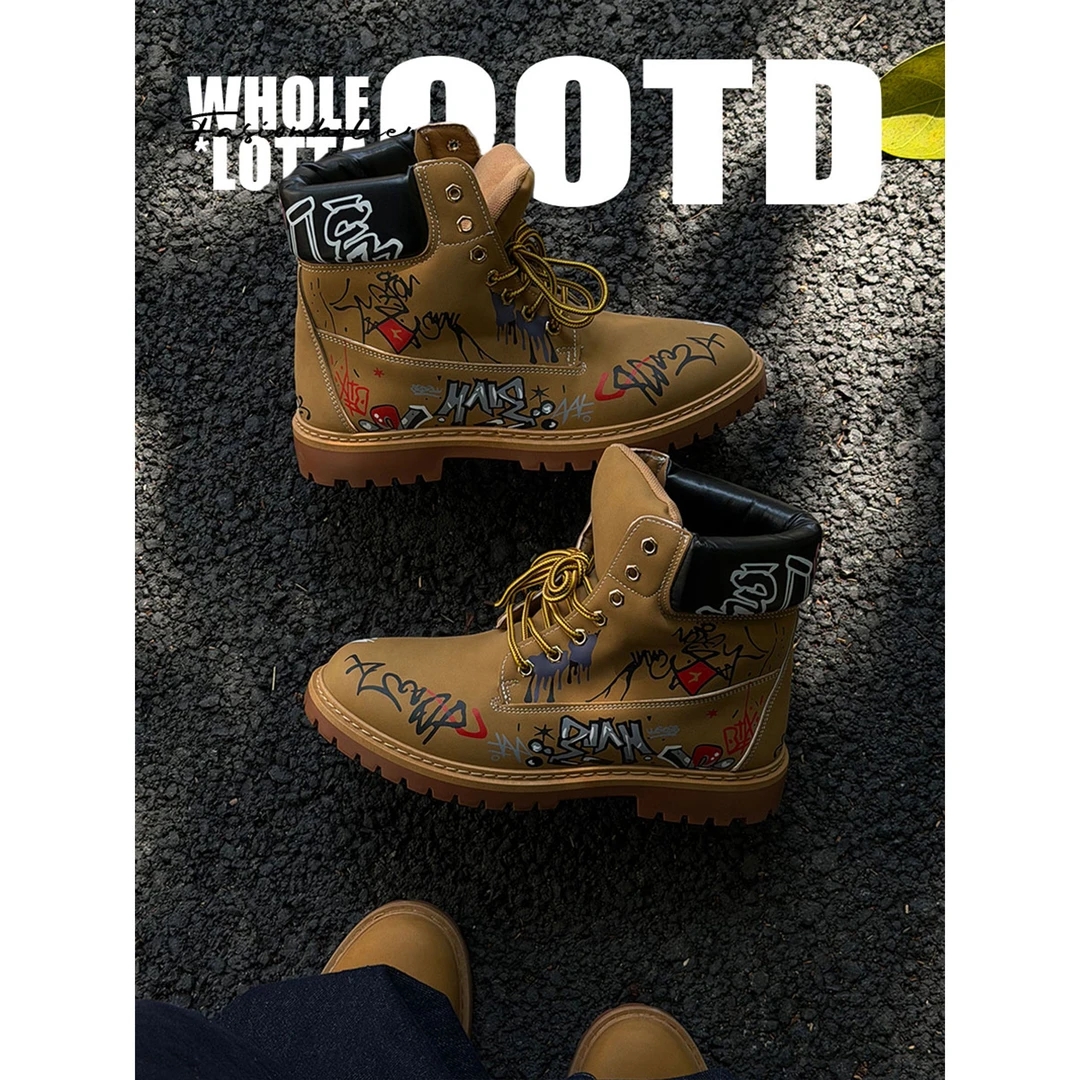 NewRockstarChoppa 美式涂鸦马丁靴男秋冬户外厚底休闲工装大黄靴