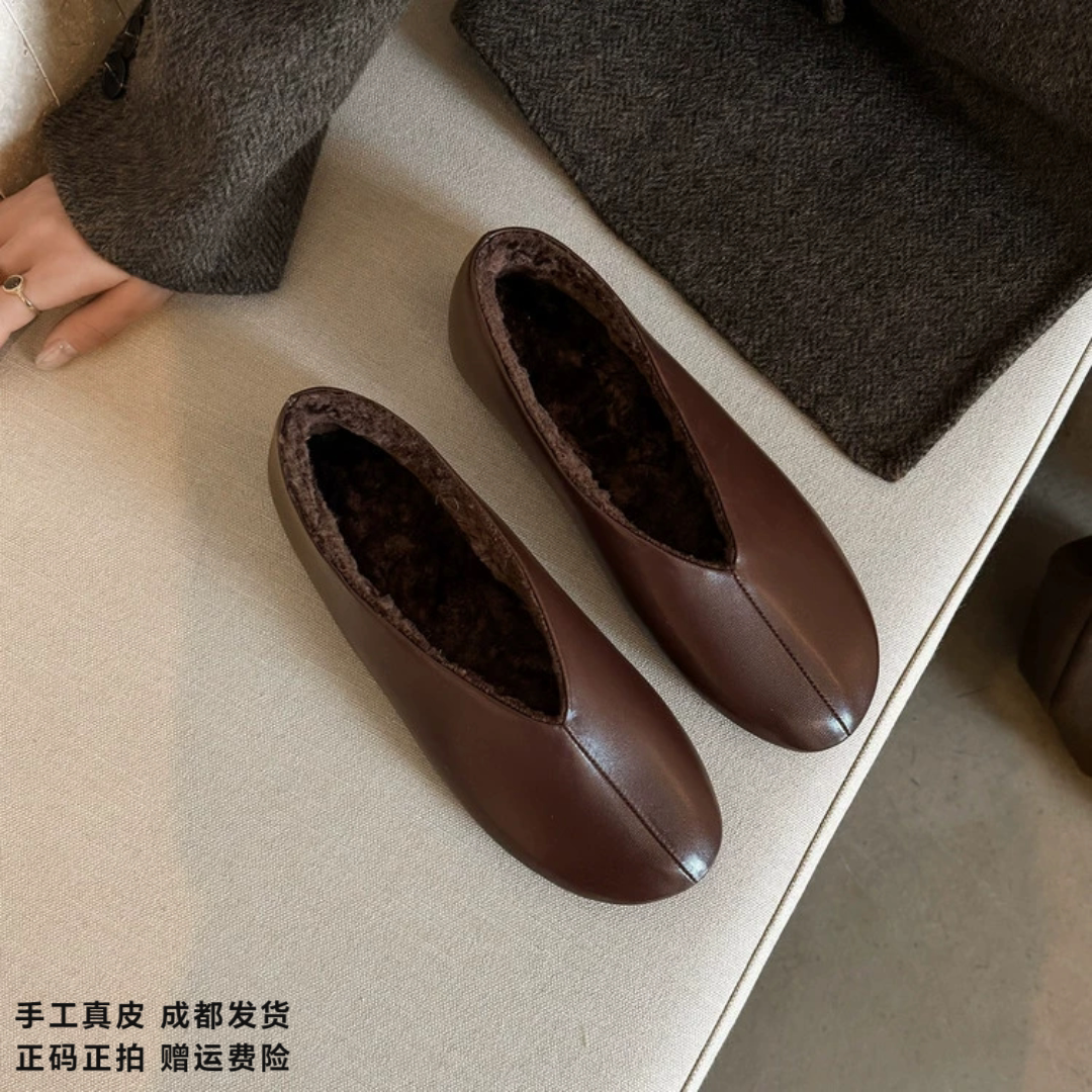 L'avance羊羔毛奶奶鞋2026高品质女鞋巨舒适纯皮单鞋可可系小皮鞋