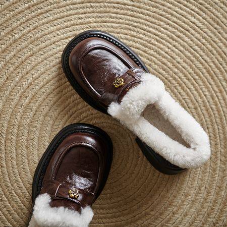 l'avance真皮 法式复古4.5cm时髦精头层羊皮毛毛鞋巨保暖雪地靴子