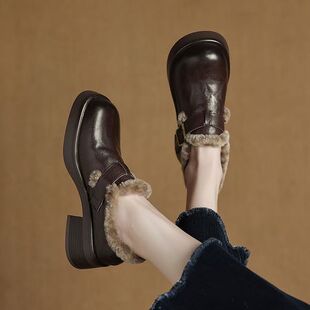 l'avance厚底版羊皮羊羔毛博肯鞋秋冬新款百搭加绒真皮粗跟单鞋5c