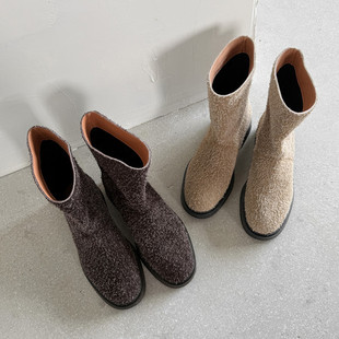 l'avance真皮 法式复古女4cm时髦精雪花绒西部靴宽口短靴洋气靴子