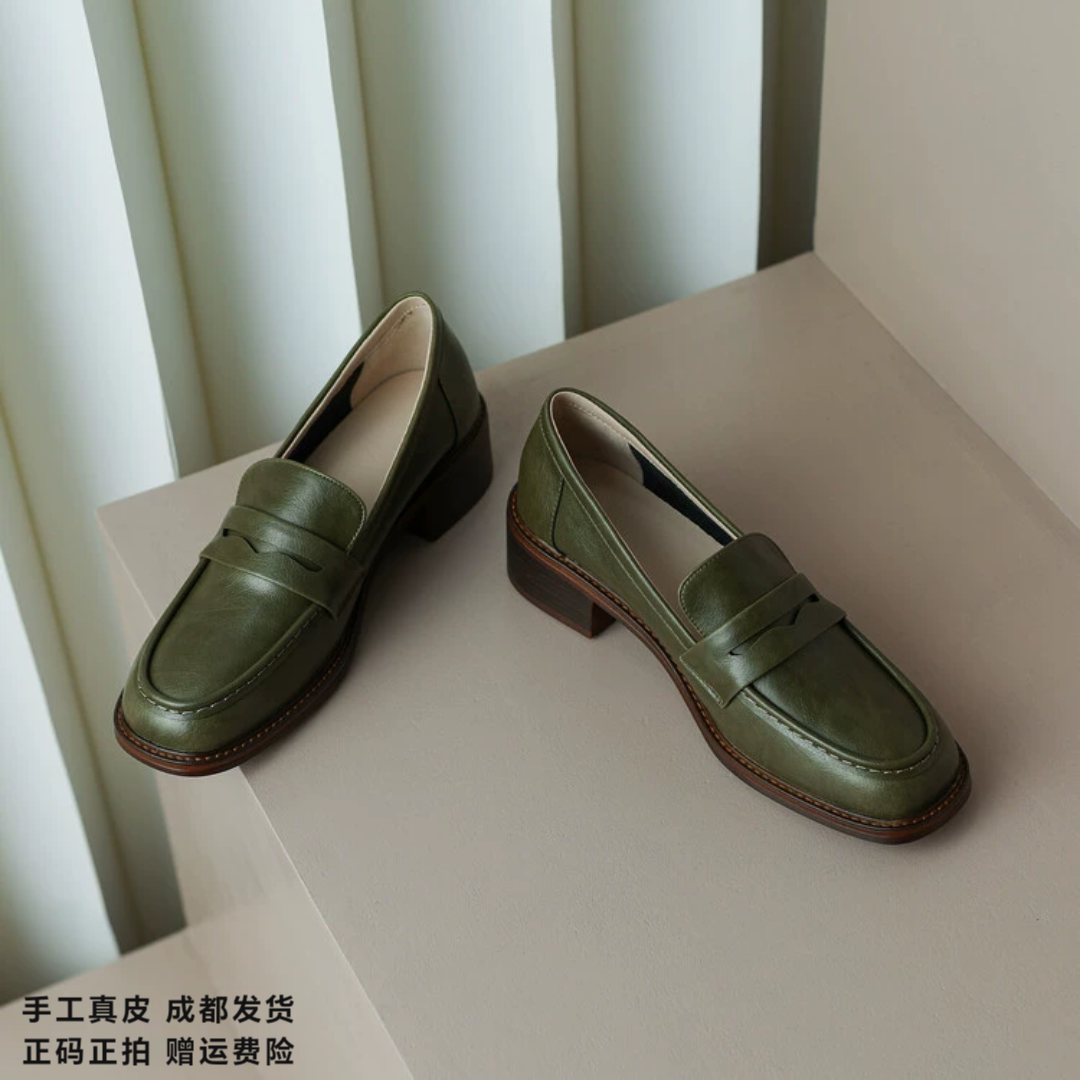 L'avance牛皮乐福鞋2026秋高品质女鞋巨舒适纯皮单鞋橄榄绿小皮鞋