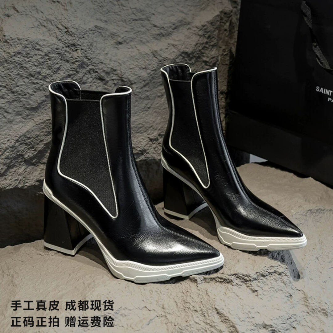 l'avance 真皮高跟短靴女2025新款法式复古尖头松紧口秋冬靴子8cm