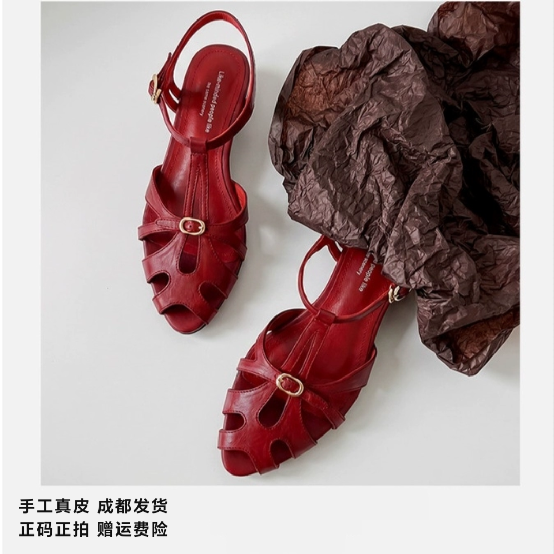 L'avance牛皮凉鞋2026新高品质女鞋巨舒适复古风通勤穿搭编织凉鞋