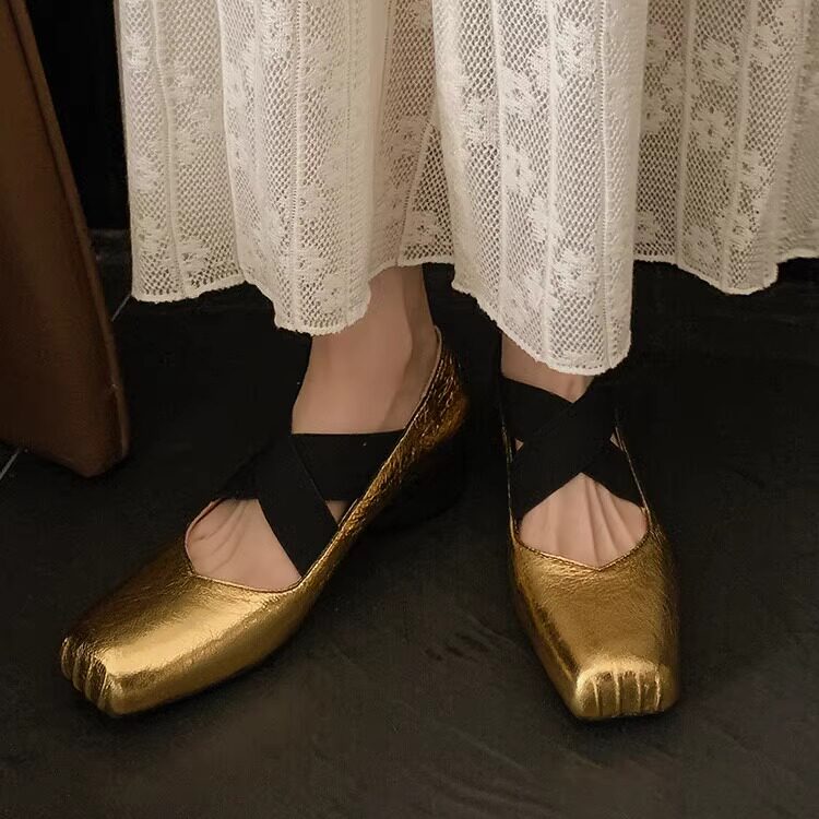 4cm中跟猪鼻子交叉带芭蕾舞单鞋