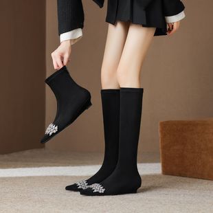 显瘦小短靴2025超火瘦瘦靴3cm粗跟水钻巨好穿瘦瘦长靴子 avance