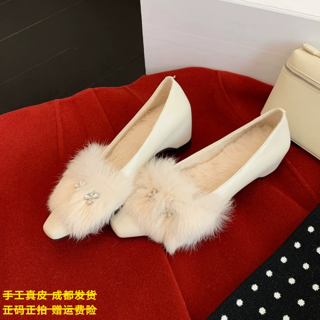 L'avance羊皮兔毛毛鞋2026高品质女鞋巨舒适纯皮单鞋可可系小皮鞋