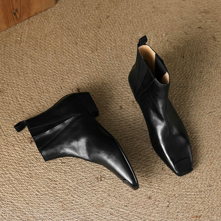 l'avance真皮 法式复古女2.5cm时髦精切尔西短靴极简气质及踝靴子