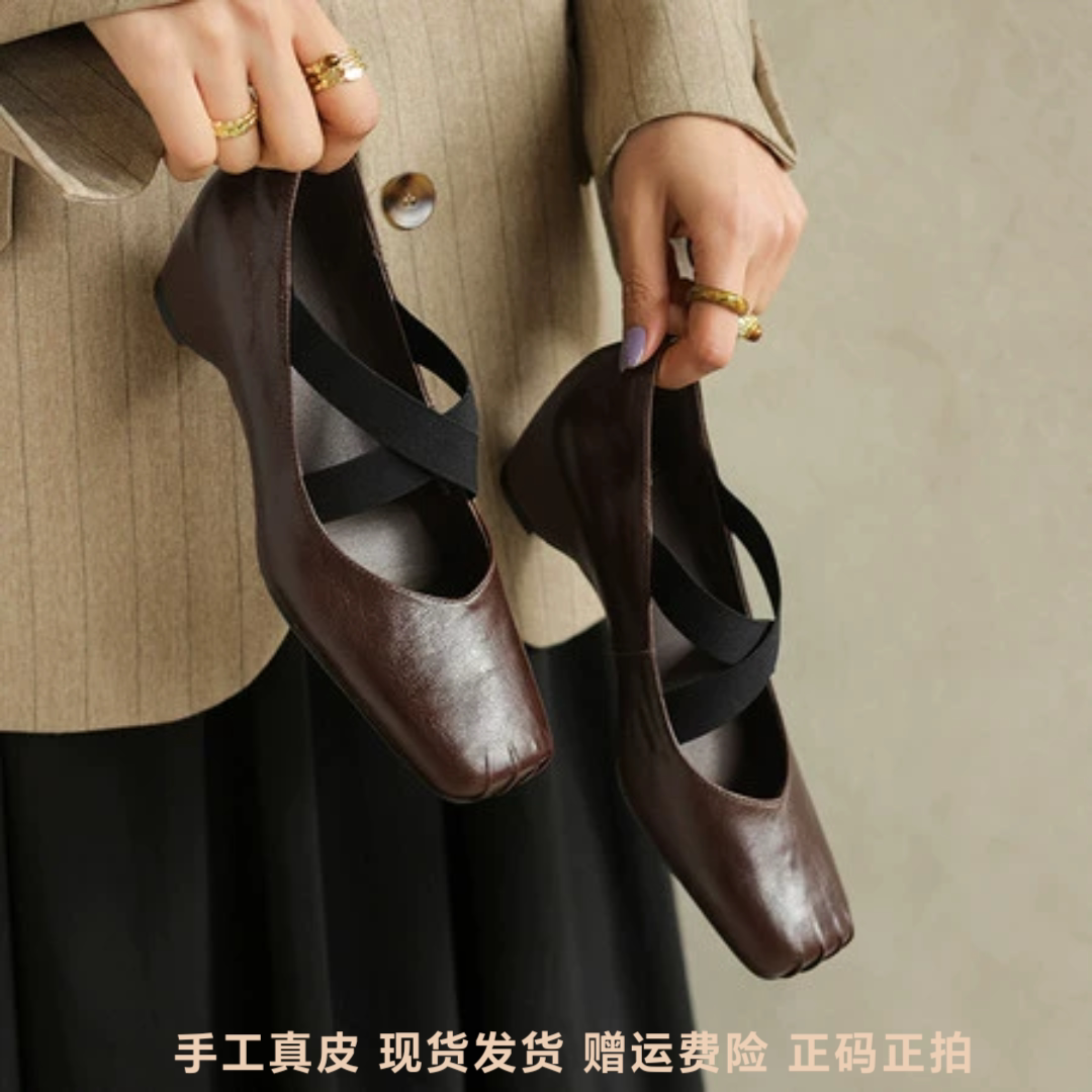 l'avance头层牛皮显瘦小皮鞋法式复古女真皮单鞋猪鼻芭蕾舞鞋4.5c