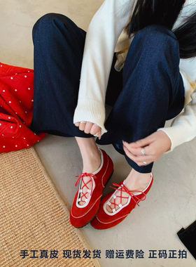 L'avance牛翻皮版芭蕾舞鞋女真皮红色单鞋镂空法式小皮鞋内增高4c