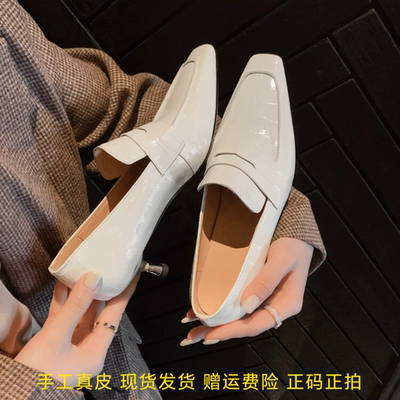 l'avance 真皮法式复古英伦风春秋季女新款5cm方头皮鞋子白色乐福