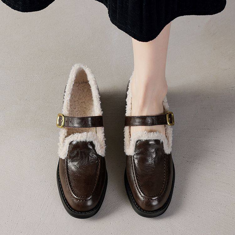 l'avance加厚加绒玛丽珍女鞋冬季保暖平底复古法式百搭显瘦小皮鞋