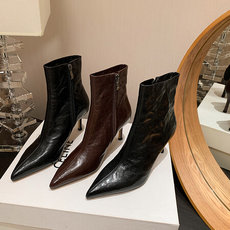 l'avance真皮 法式复古女7cm时髦精头层羊皮高跟瘦瘦靴巨气质靴子