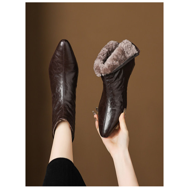 l'avance真皮 法式复古女2cm时髦精头层羊皮及踝靴羊毛巨软短靴子