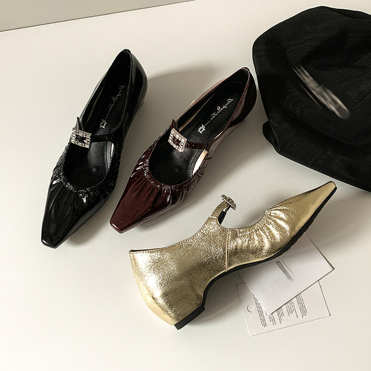 l'avance真皮 法式复古女5cm褶皱内增高一字带扣玛丽珍小羊皮单鞋