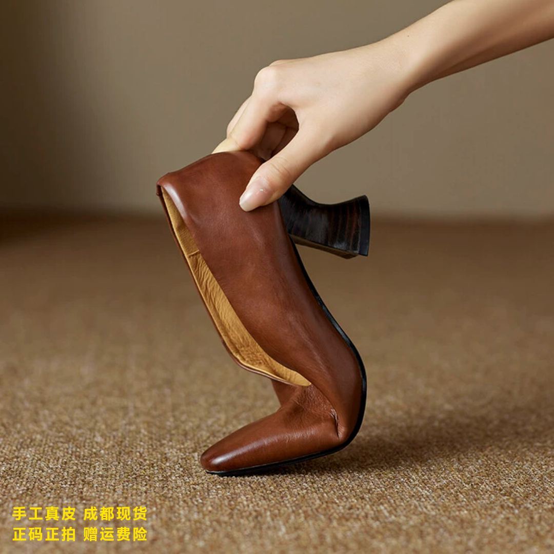 L'avance牛皮高跟鞋2026秋款高品质女鞋巨舒适纯皮单鞋粗跟小皮鞋