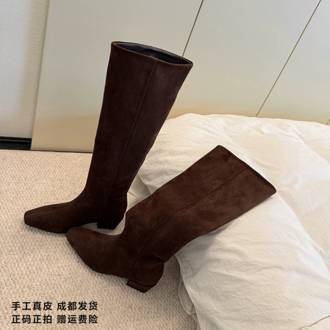 L'avance牛皮长筒靴2026秋款高品质女鞋巨舒适纯皮单靴中跟早秋靴