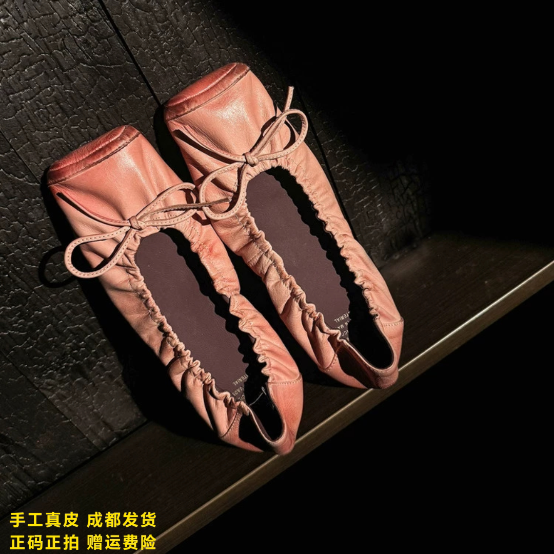 L'avance擦色牛皮芭蕾鞋2026高品质女鞋巨舒适纯皮单鞋粉色小皮鞋