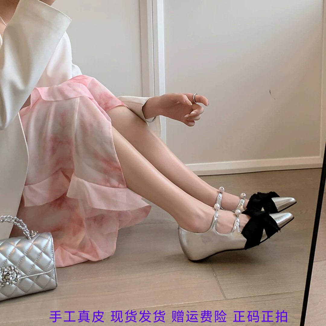 l'avance 真皮法式小香风尖头玛丽珍一字扣小皮鞋蝴蝶结平底鞋女