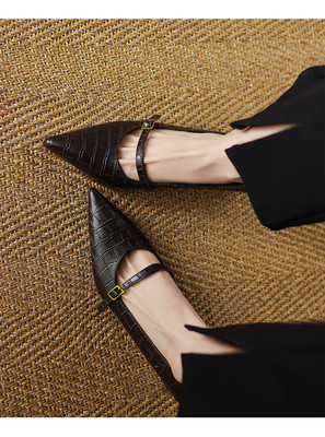 L'avance头层牛皮显瘦小皮鞋法式复古女真皮单鞋尖头细跟高跟鞋5c