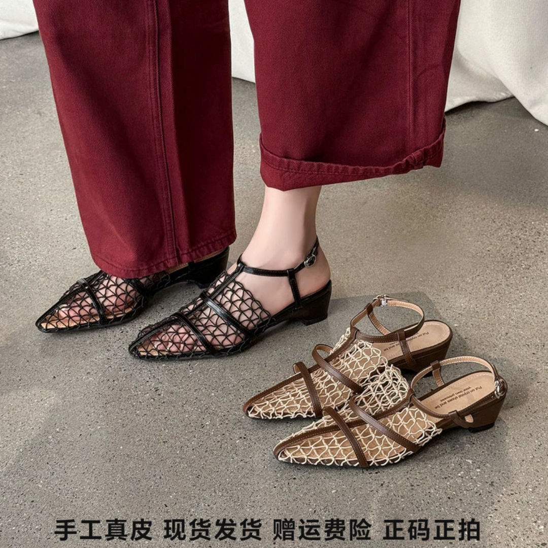 L'avance编织罗马凉鞋2026新款真皮网纱镂空凉鞋夏高品质通勤女鞋