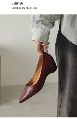 L'avance 头层羊皮显瘦小皮鞋法式复古女真皮单鞋一脚蹬高跟鞋5cm