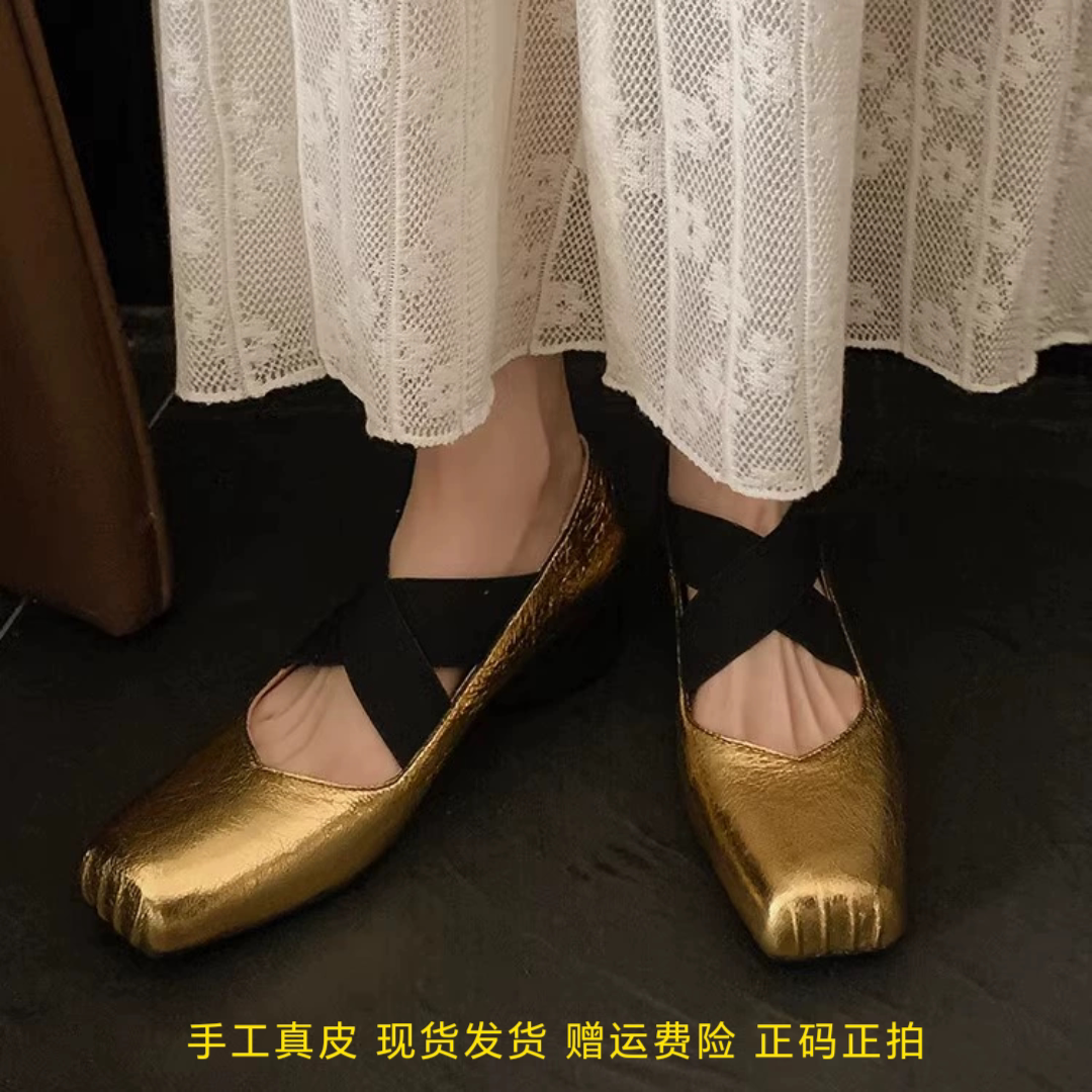 l'avance 真皮马衔扣芭蕾平底鞋女法式复古小皮鞋4cm粗跟显瘦百搭