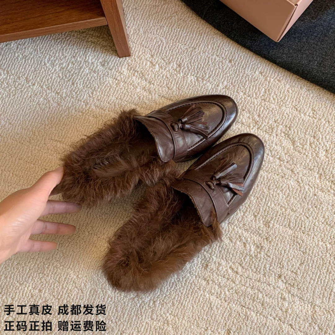 L'avance羊皮毛毛鞋2026冬高品质女鞋巨舒适纯皮单鞋可可系流苏鞋