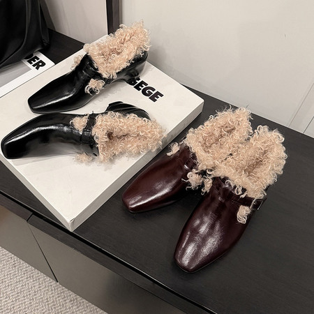 l'avance真皮 法式复古女6cm时髦精羊皮毛毛鞋保暖内增高洋气单鞋