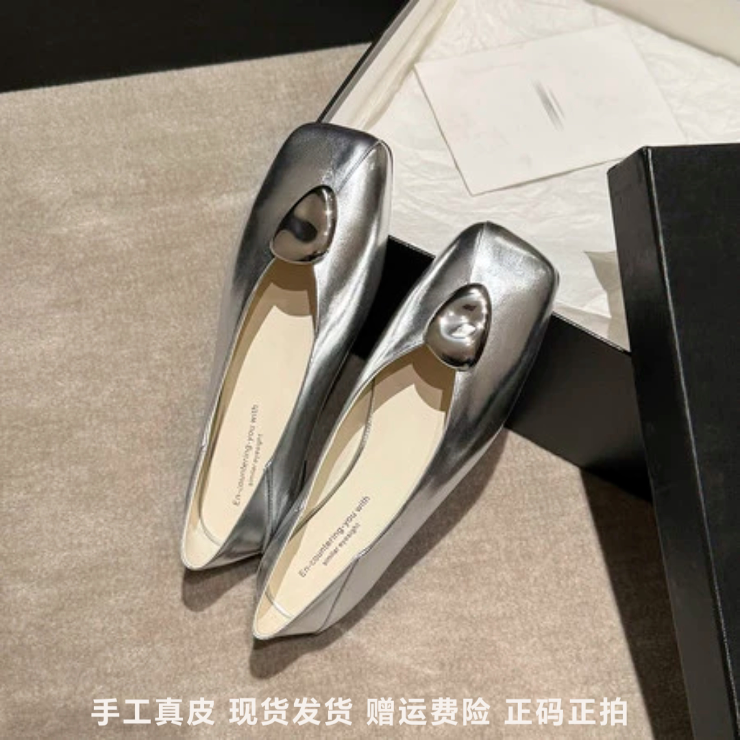 l'avance羊皮版显瘦小皮鞋法式复古女真皮单鞋子一脚蹬金属装饰2c