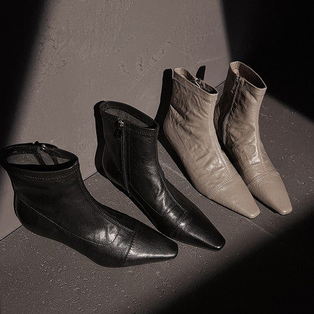 l'avance真皮 法式复古女3.5cm时髦精猫跟短靴方头踝靴秋冬加绒靴