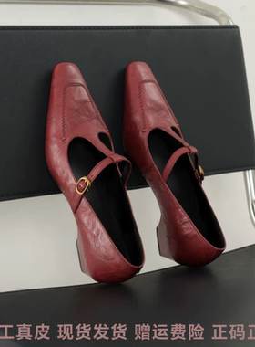 l'avance头层水洗羊皮显瘦小皮鞋女法式复古T字带玛丽珍单鞋3.5cm