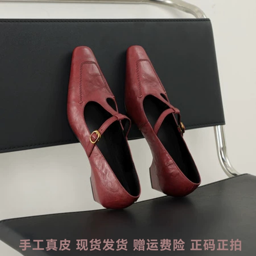 l'avance头层水洗羊皮显瘦小皮鞋女法式复古T字带玛丽珍单鞋3.5cm