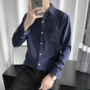 男长袖 修身 条纹衬衫 高级轻熟风春季 商务休闲上衣 潮流衬衣韩版 男装
