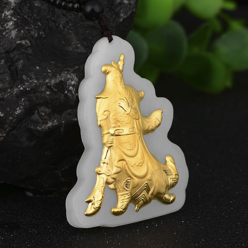 足金镶和田玉3D金镶玉 4D和田玉镶金 男士款霸气关公吊坠