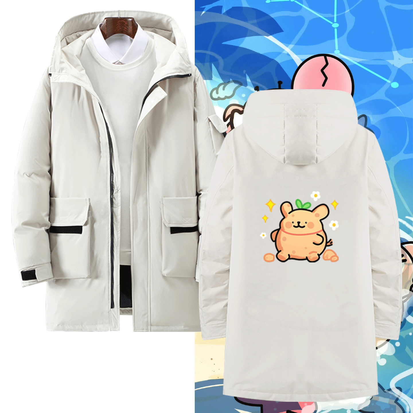 线条小狗联名菜狗情侣款可定制外套中长款羽绒服周边卡通印花男女,男装,羽绒服,淘宝优惠券,粉丝福利购,淘宝优惠卷