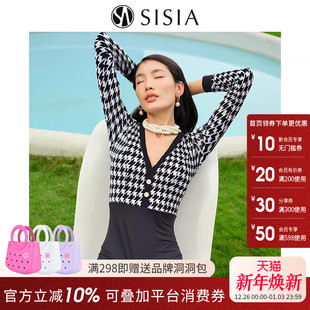sisia新款 防晒显瘦千鸟格绝美温泉连体泳衣高级 泳衣女仙女范长袖