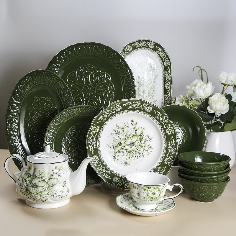 法式复古浮雕花边陶瓷餐盘家用精致下午茶牛排西餐盘创意绿色餐具,餐饮具,盘,淘宝优惠券,粉丝福利购,淘宝优惠卷