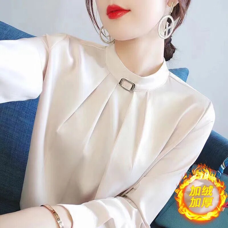 加绒薄款白色立领衬衫女新款洋气质职业衬衣春季长袖高级感上衣