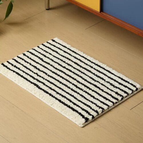 简约浴室条纹植绒地垫家用卫浴吸水速干脚垫卧室防滑隔凉床边毯子