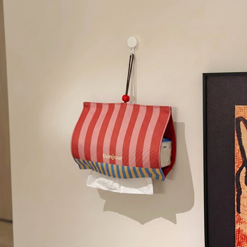 孟菲斯彩色条纹壁挂式纸巾盒洗脸巾中古风高级感抽纸袋车载纸巾套