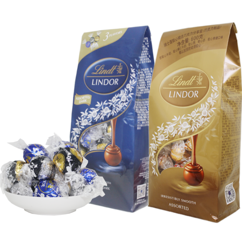 进口Lindt瑞士莲软心巧克力球精选混合装600g70%特浓黑巧克力零食